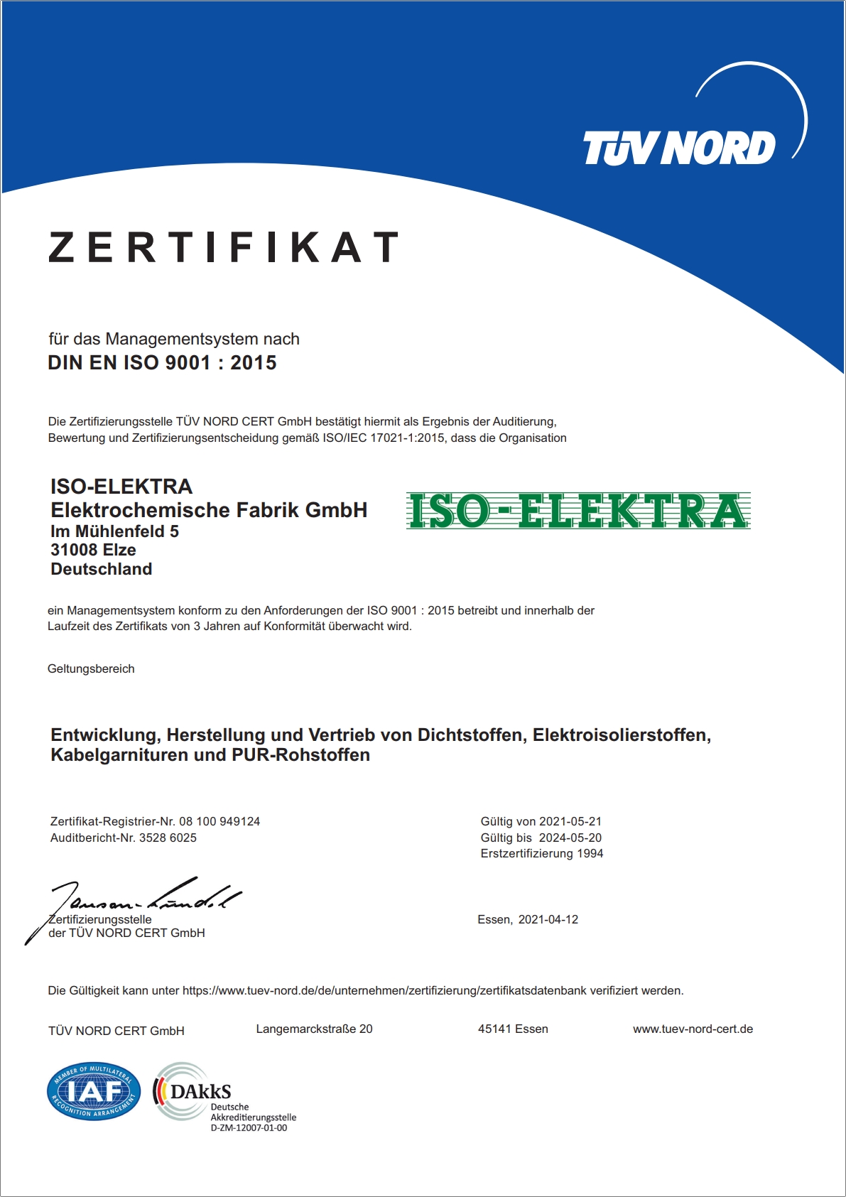 TÜV Zertifikat ISO-ELEKTRA DIN EN ISO 14001:2015