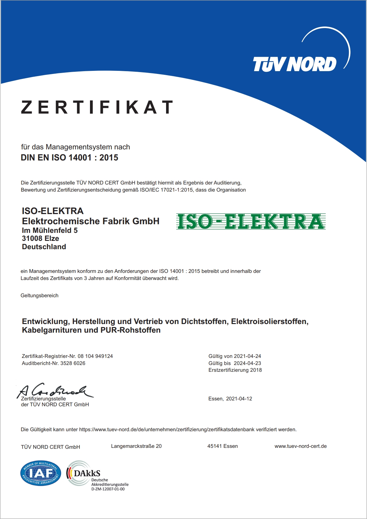 TÜV Zertifikat ISO-ELEKTRA DIN EN ISO 9001:2015