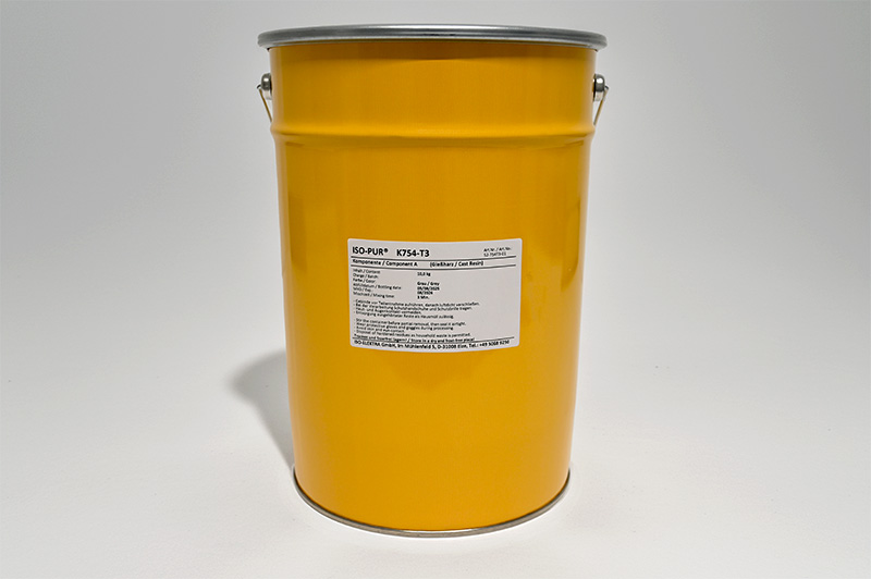 Yellow metal bucket with ISO-PUR® K754-T3 label