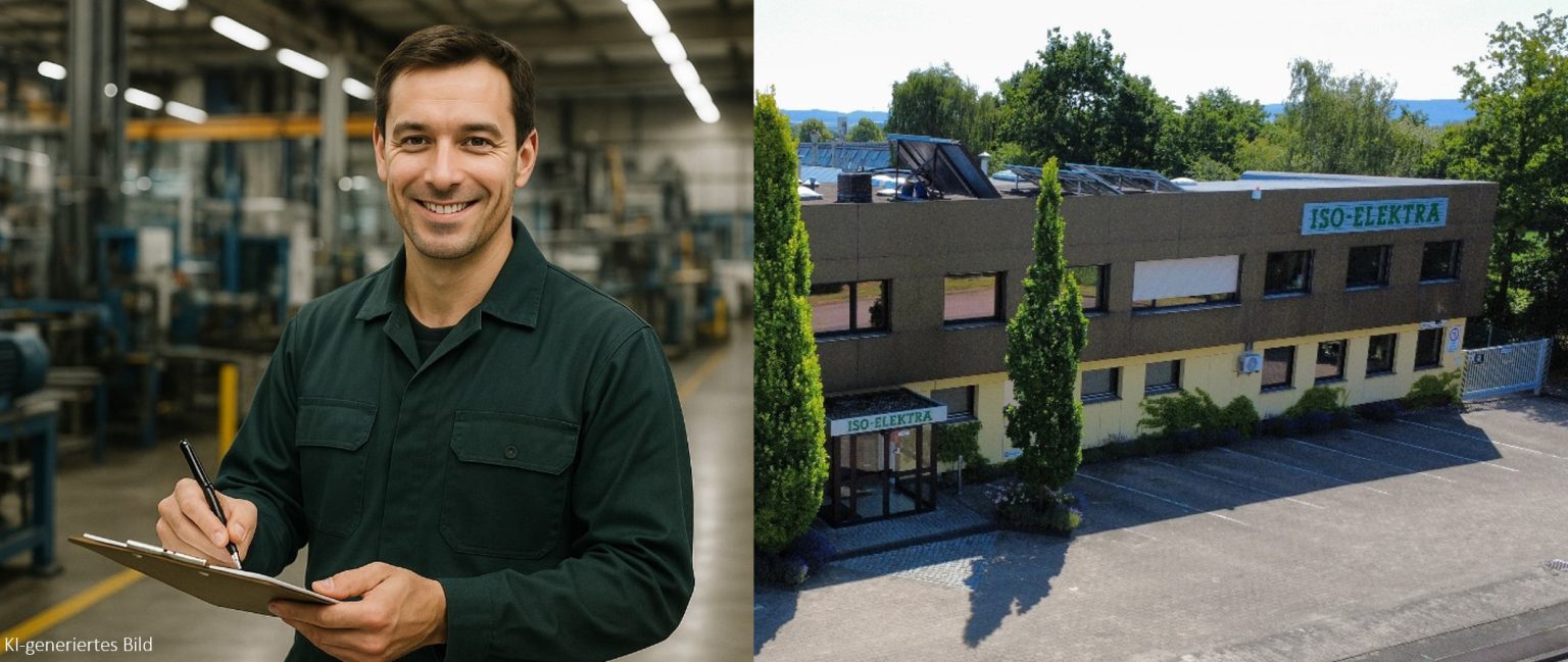 Bildcollage Prozessingenieur steht in Produktion und Ansicht Verwaltungsgebäude außen