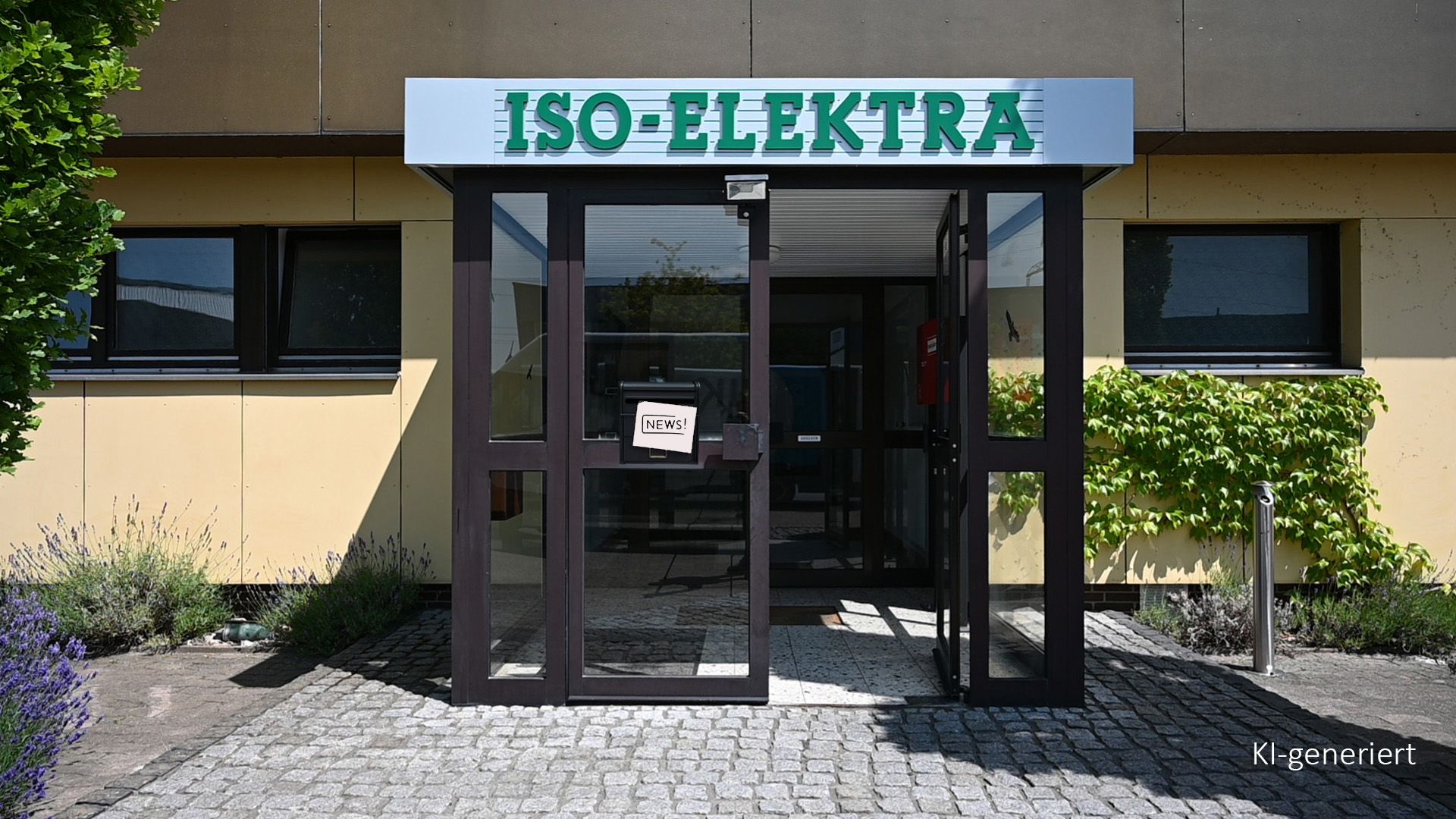 Haupteingang von ISO-ELEKTRA mit Briefkasten auf dem "NEWS" geschrieben steht