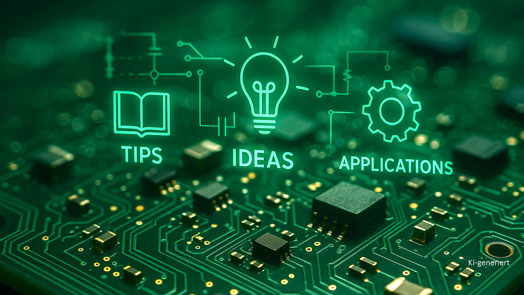 Macro shot of a printed circuit board with applied cast resin, combined with icons book, light bulb and cogwheel, which stand for ‘Tips’, ‘Ideas’ and ‘Applications’